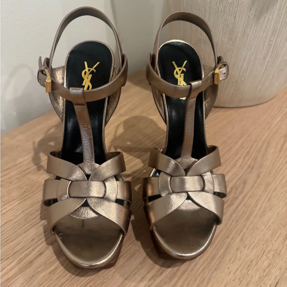 Saint Laurent Metallic Bronze Braided T-Strap Platform Sandals - Picture 3 of 16